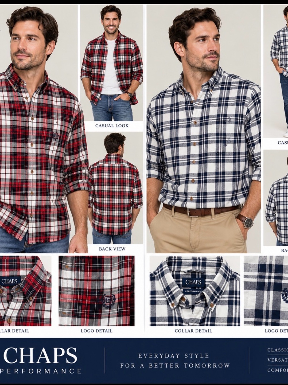 2 Chaps Men’s 100% Cotton Plaid Button-Down Shirt - Red/White & Navy/White Duo